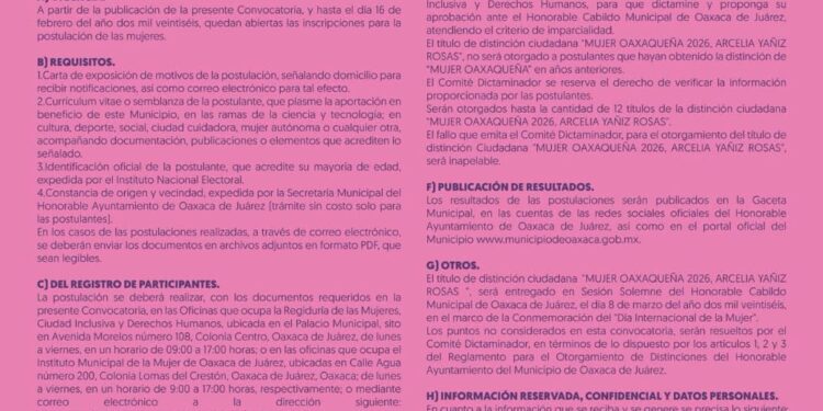 Ayuntamiento de Oaxaca de Juárez emite convocatoria para la distinción “Mujer Oaxaqueña 2026, Arcelia Yañiz Rosas”